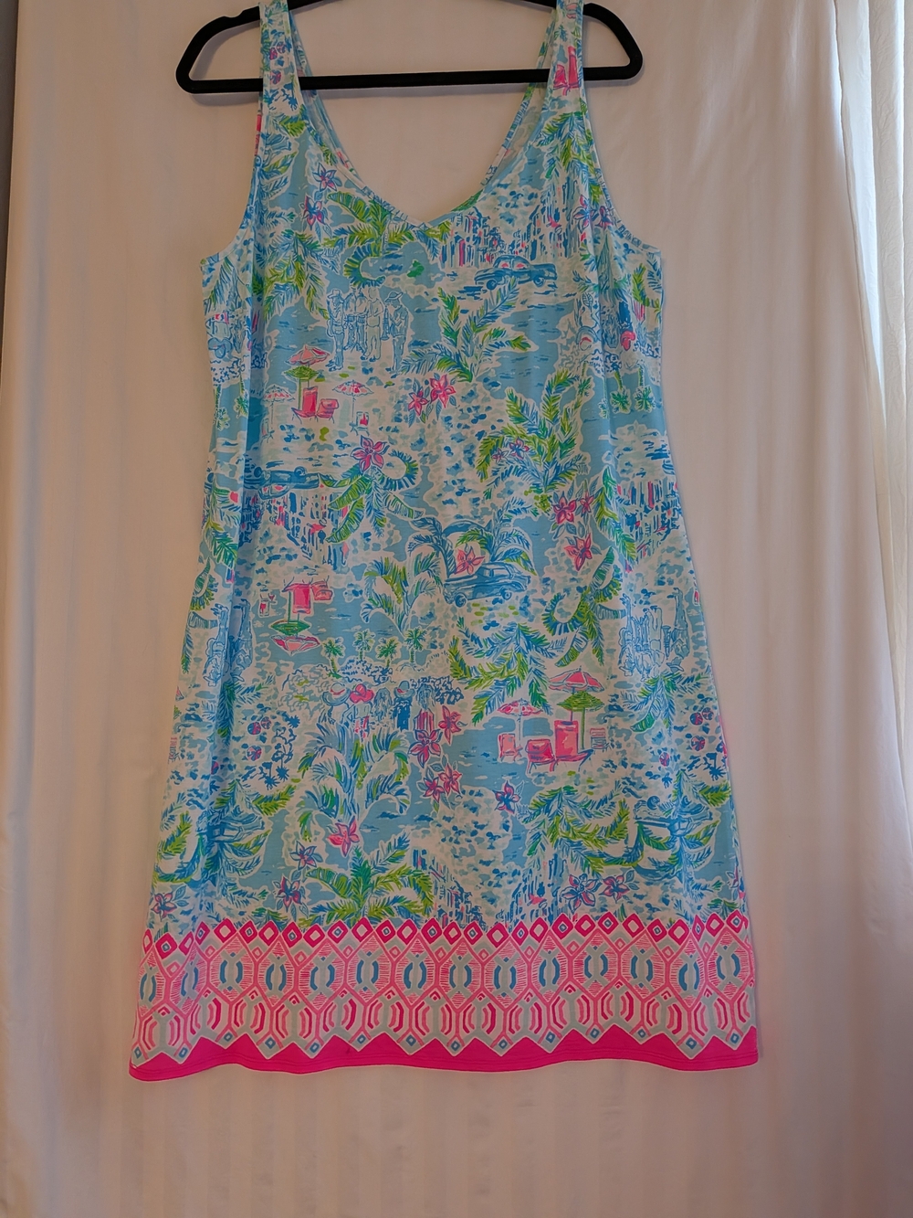 Lilly Pulitzer Light Blue Tropical Print Midi Dress with Pink Trim XL